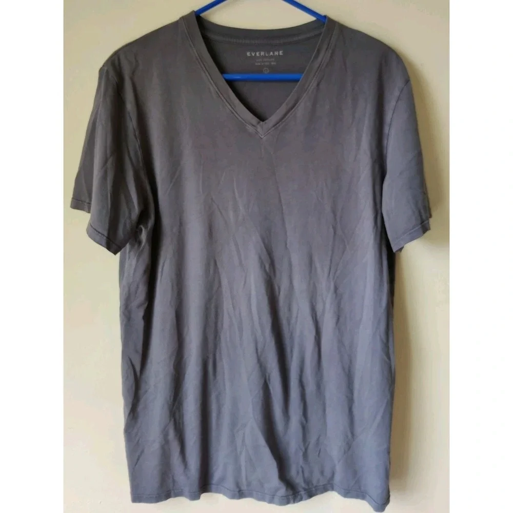 Everlane Men's L 100% Cotton Short Sleeve V-neck T-shirt Blue/Gray Made In USA - Picture 1 of 4